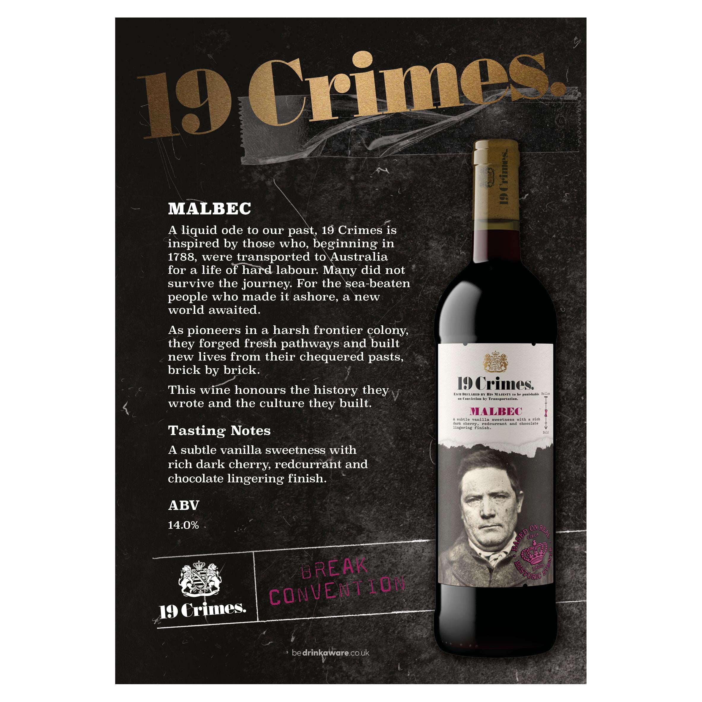 19 Crimes Malbec red wine 75cl, UK version