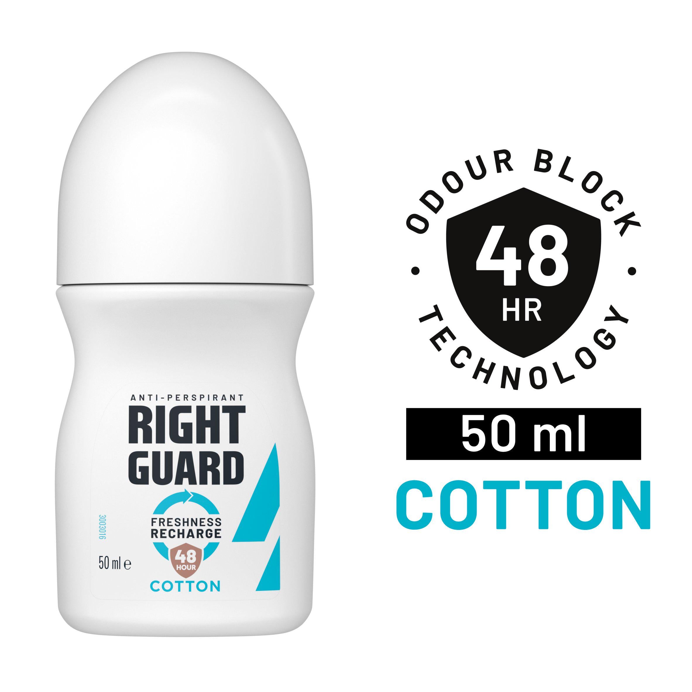 Right Guard women's cotton antiperspirant roll-on deodorant 50ml, imported from the UK