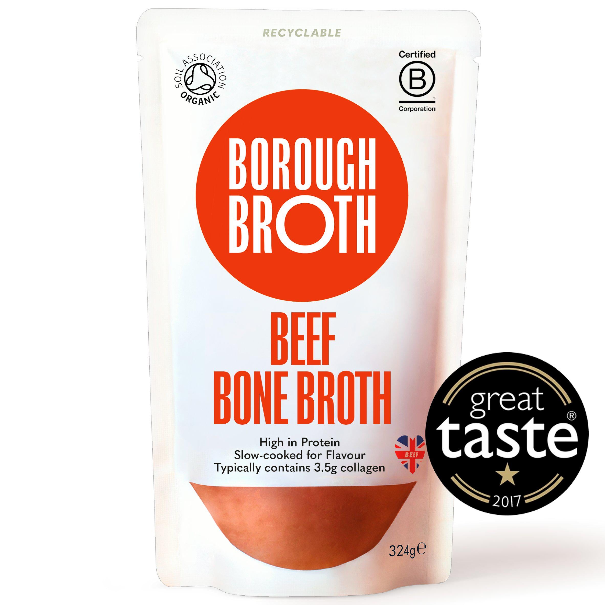 Borough Broth grass fed organic beef bone broth 324g (British brand)