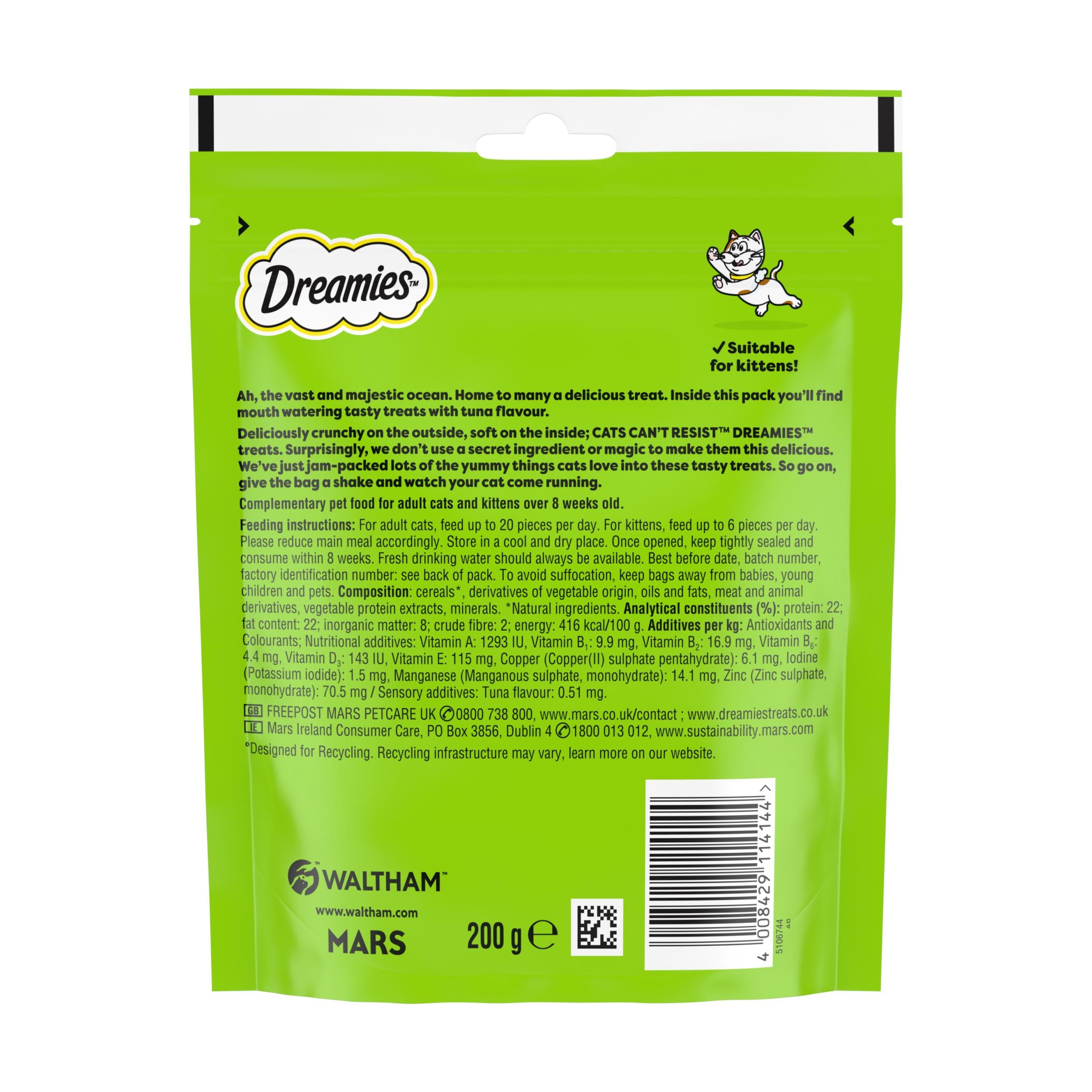 Dreamies cat treats tuna flavour 200g, imported from the UK