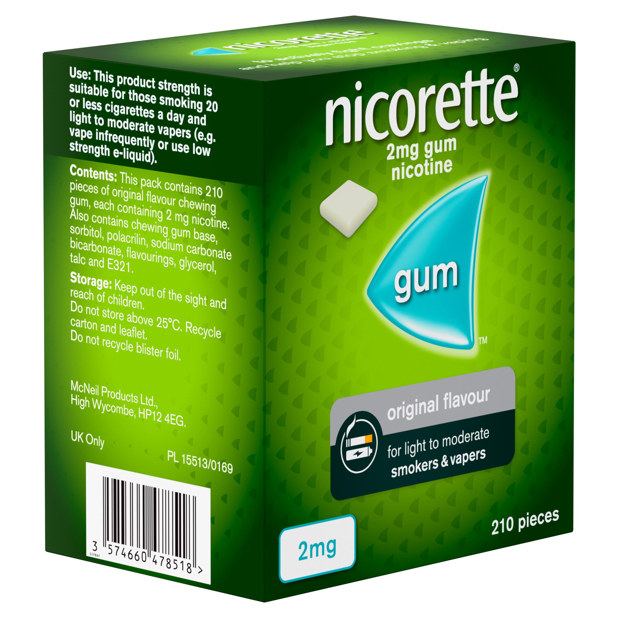 Nicorette gum original flavour 2mg 210 pieces, imported from the UK