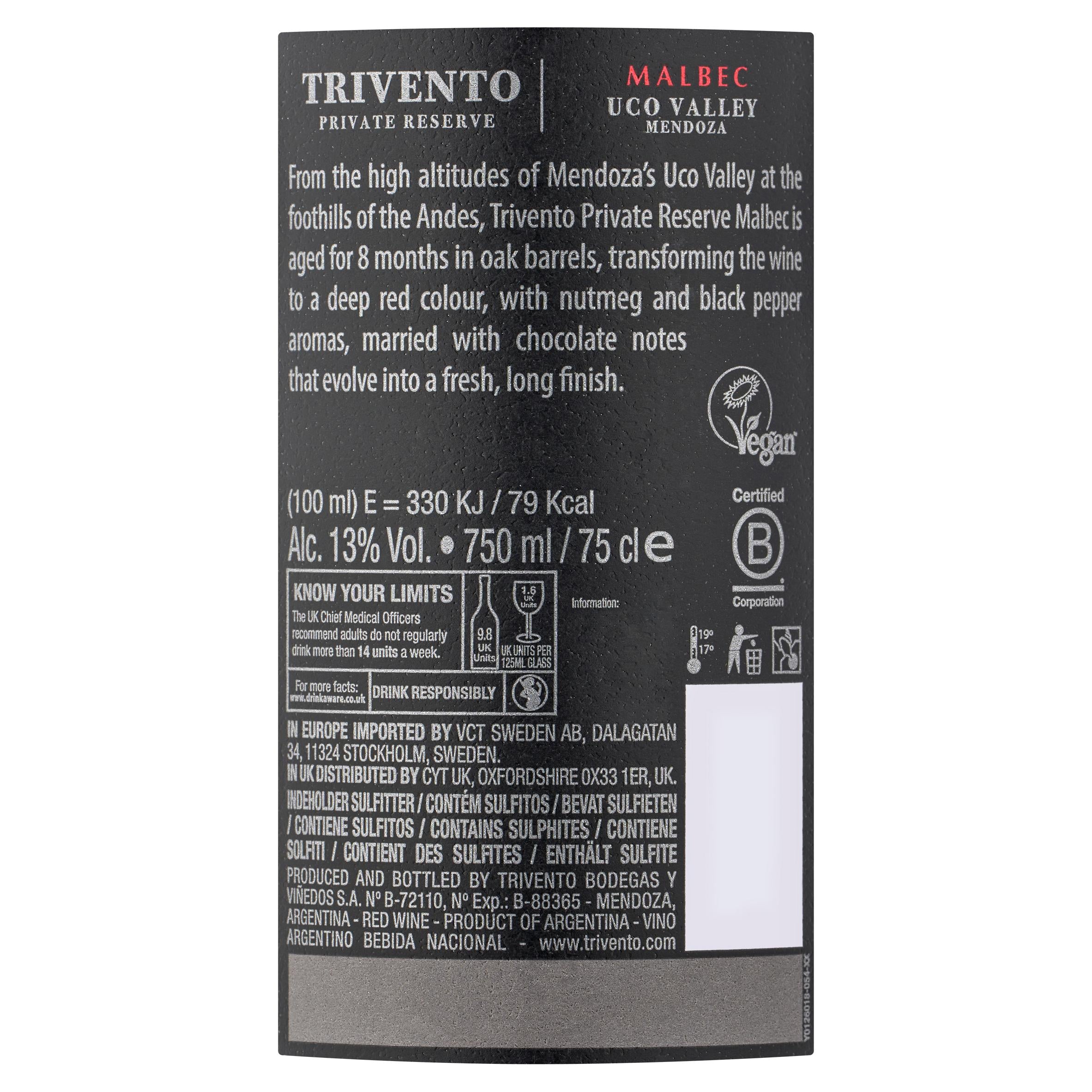 Trivento Private Reserve Malbec red wine 75cl, UK version