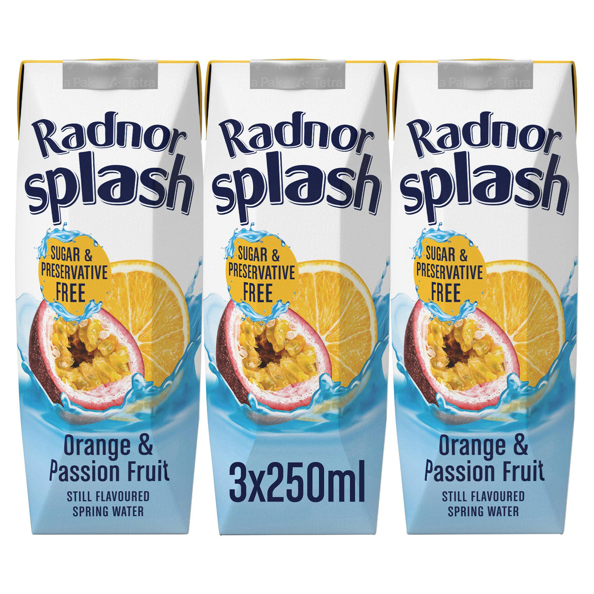 Radnor Splash orange passion fruit flavoured water 3x250ml, imported from the UK