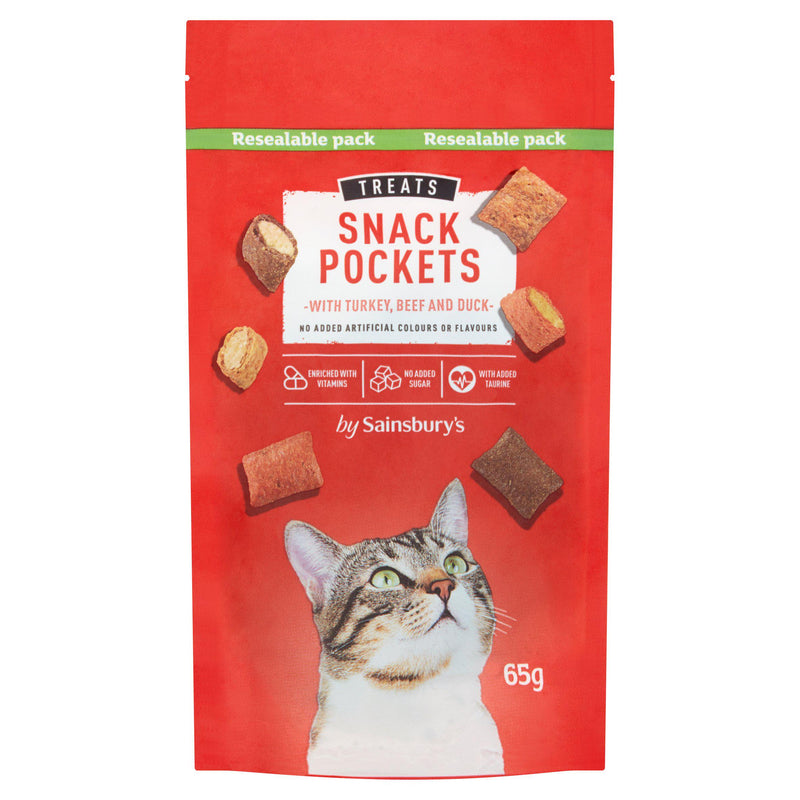 Sainsbury's cat treat pockets turkey beef duck 65g, imported from the UK