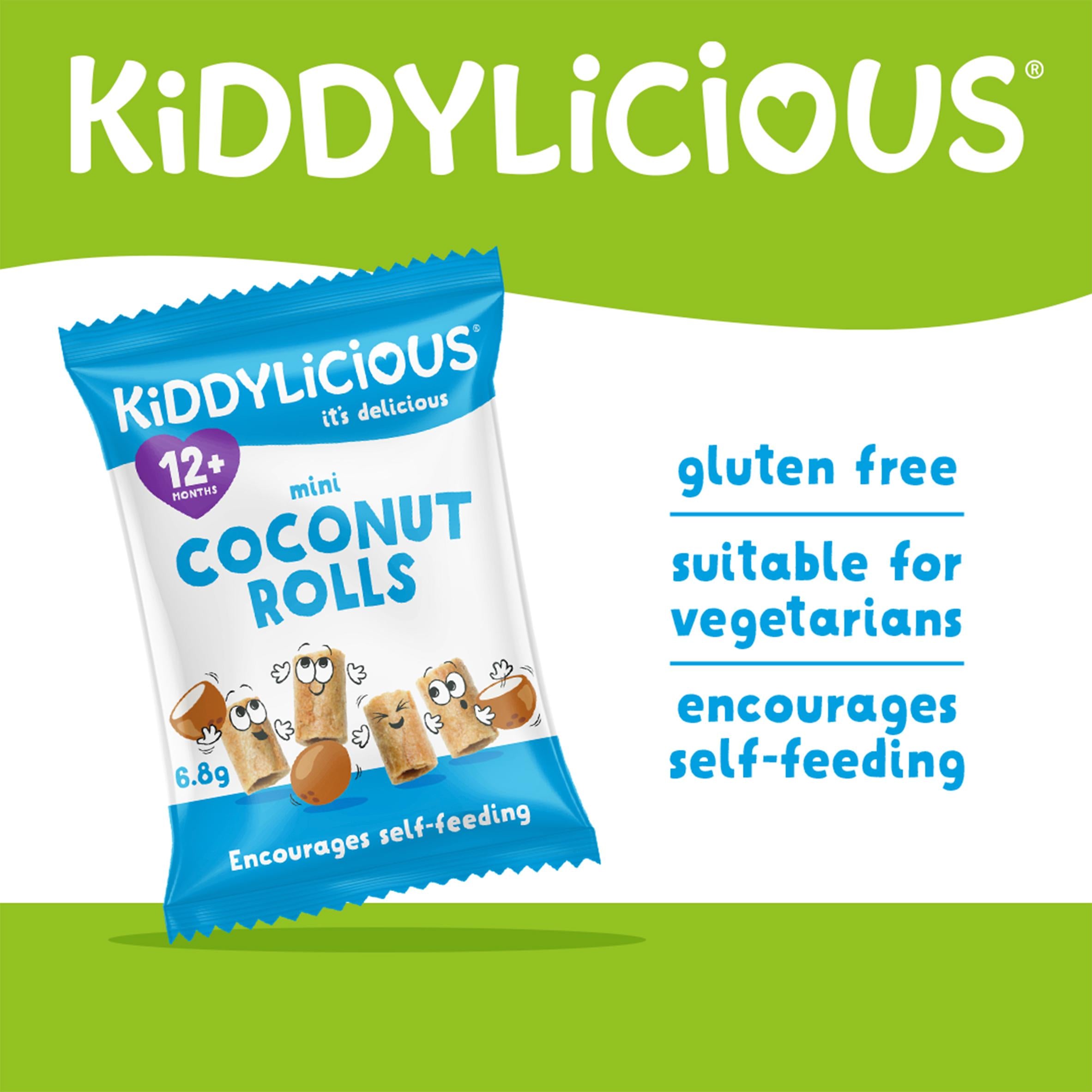 Kiddylicious mini coconut rolls baby snack 8x7g, imported from the UK
