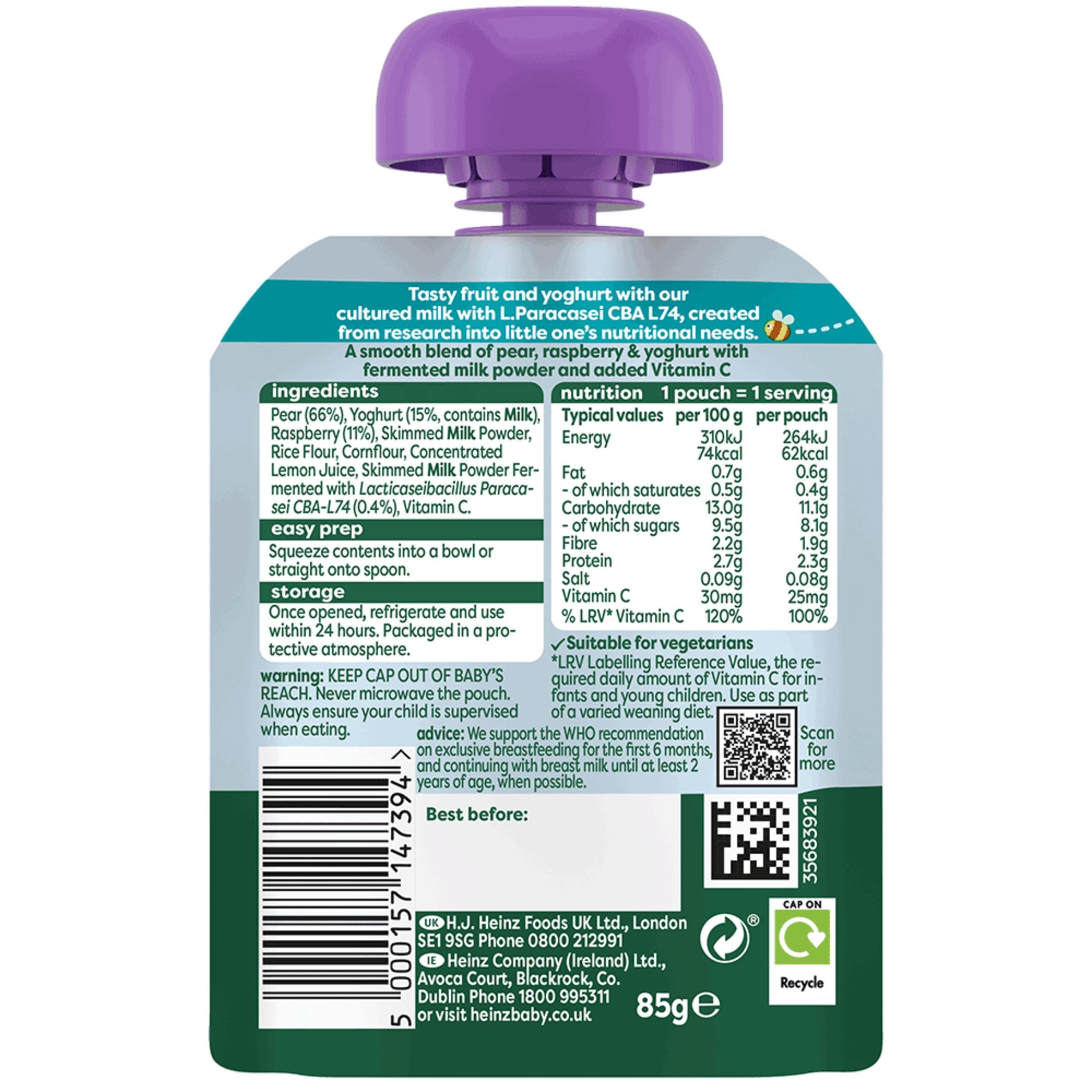 Heinz baby food pouch pear raspberry yoghurt immunity 85g - British product