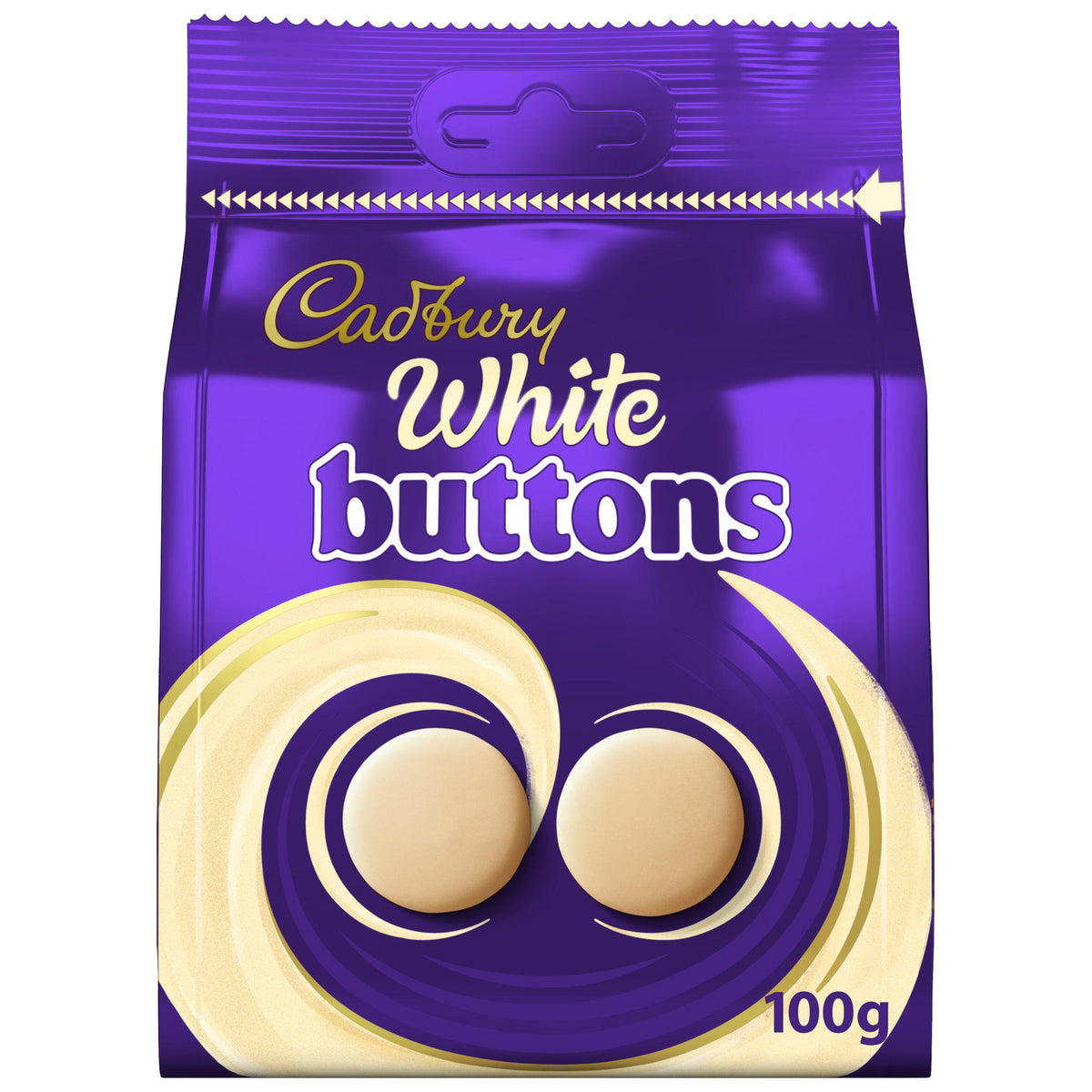 Cadbury white buttons chocolate pouch 100g, imported from the UK