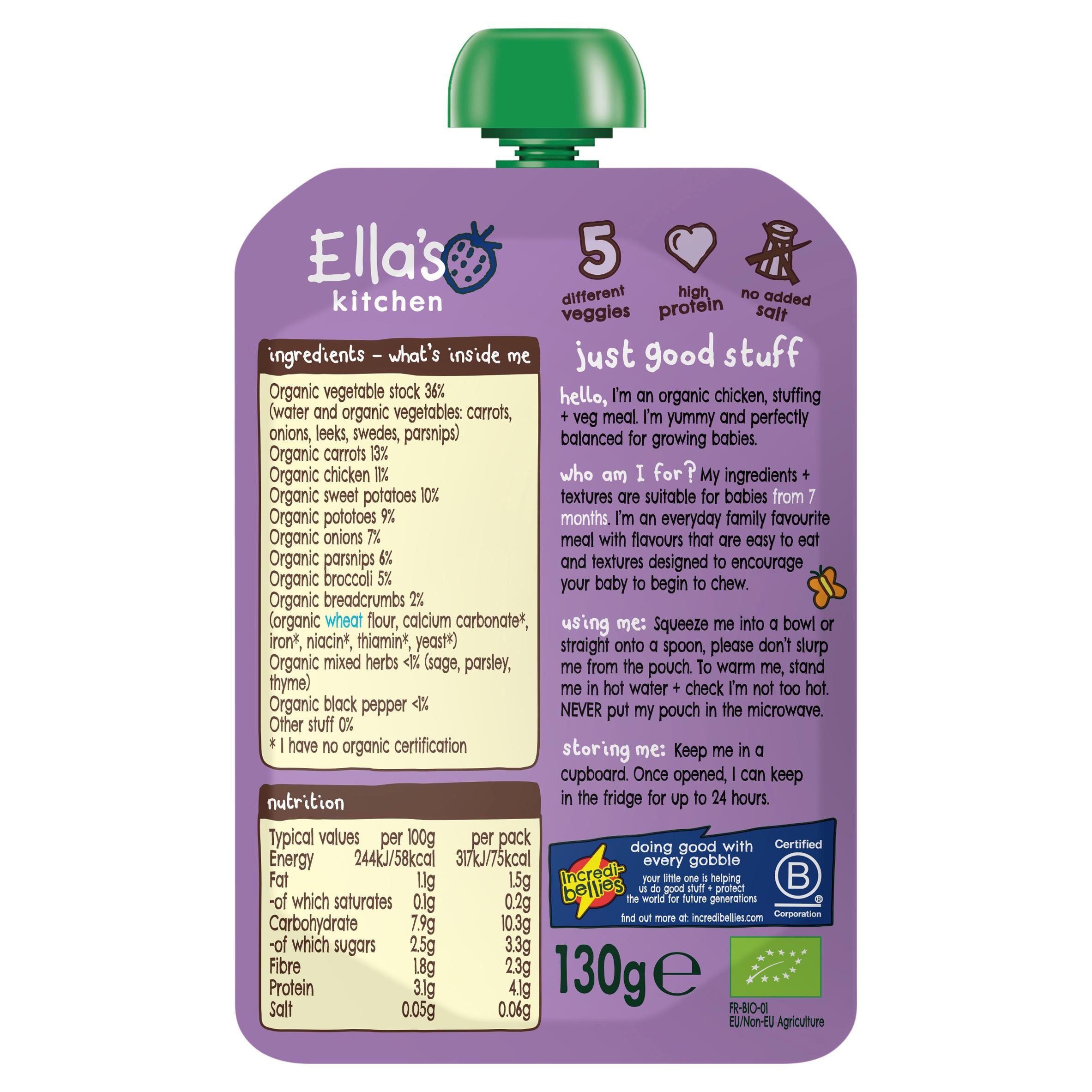 Ella's Kitchen organic chicken roast dinner baby food pouch 130g (British brand)