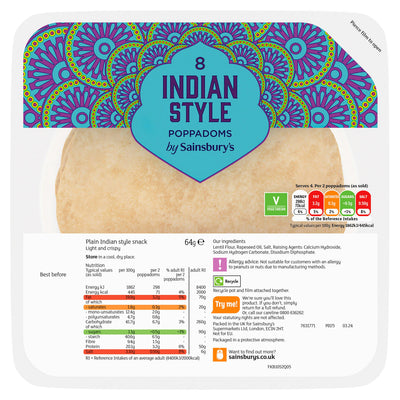 Sainsburys Sainsbury's Poppadoms Plain Indian Style Snack 64g- Buy online at McGrocer