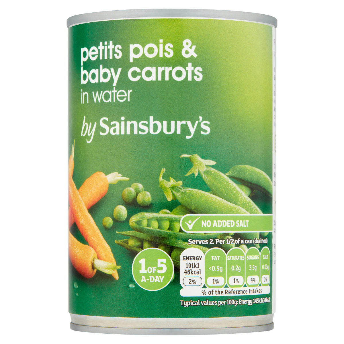 Sainsbury's petit pois and baby carrots 400g can, UK version