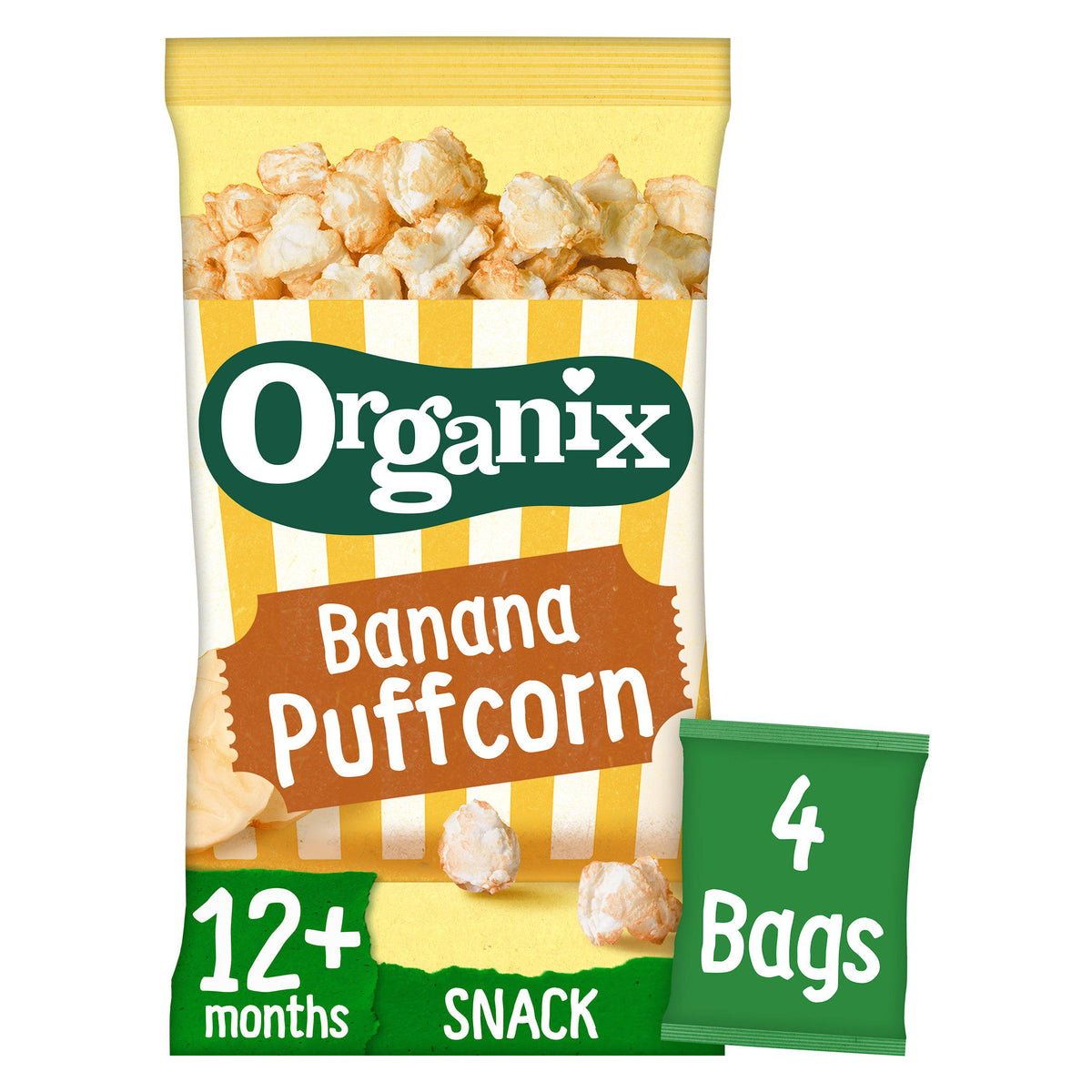 Organix banana puffcorn 4x10g, imported from the UK