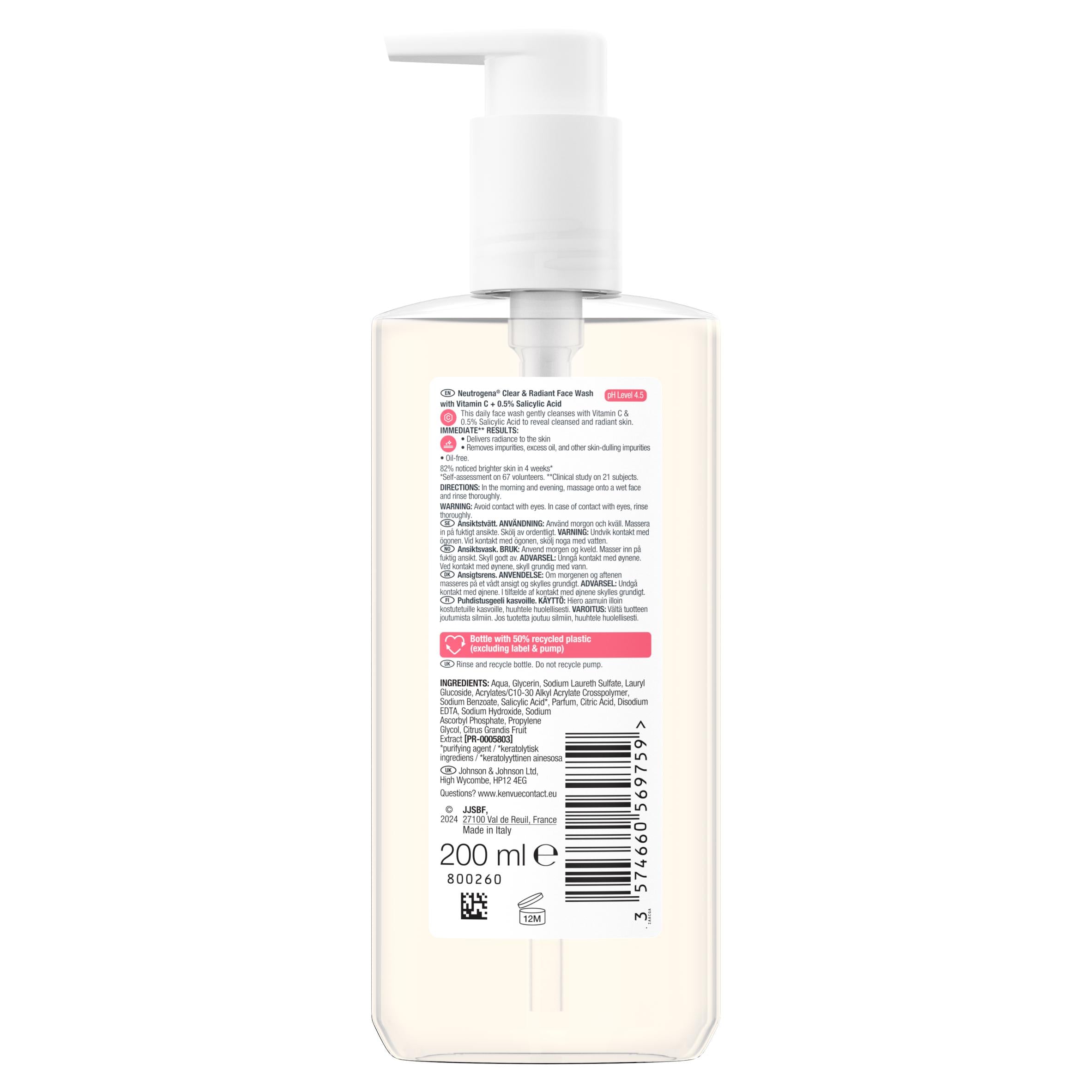 Neutrogena Clear & Radiant face wash 200ml, imported from the UK