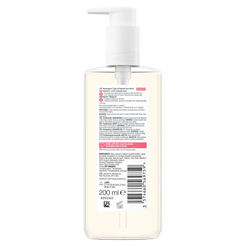 Neutrogena Clear & Radiant face wash 200ml, imported from the UK