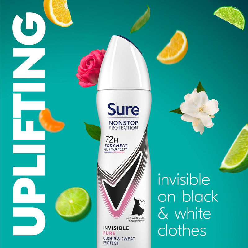 Sure Invisible Pure antiperspirant deodorant spray 150ml, imported from the UK