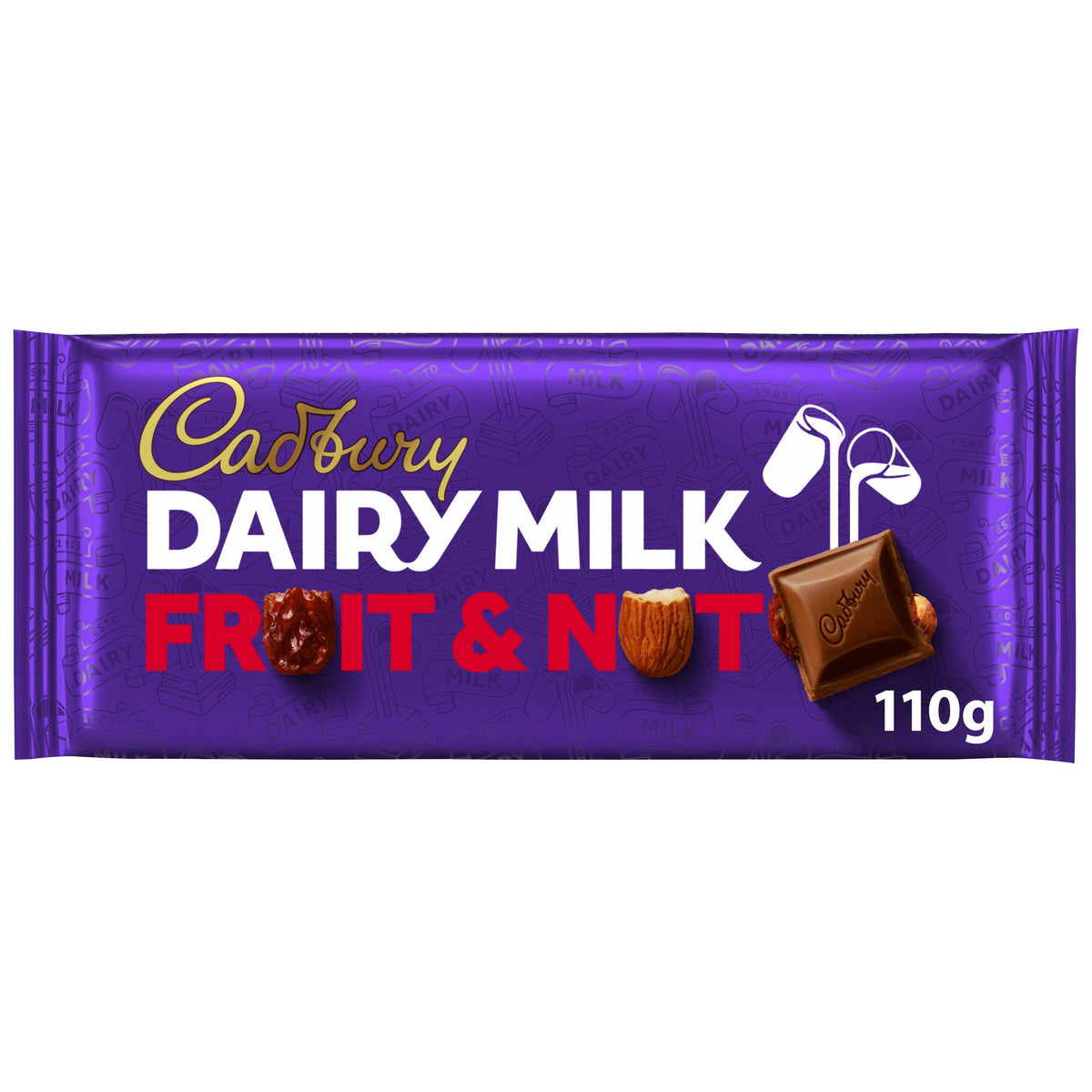 Cadbury Fruit & Nut chocolate bar 110g, imported from the UK