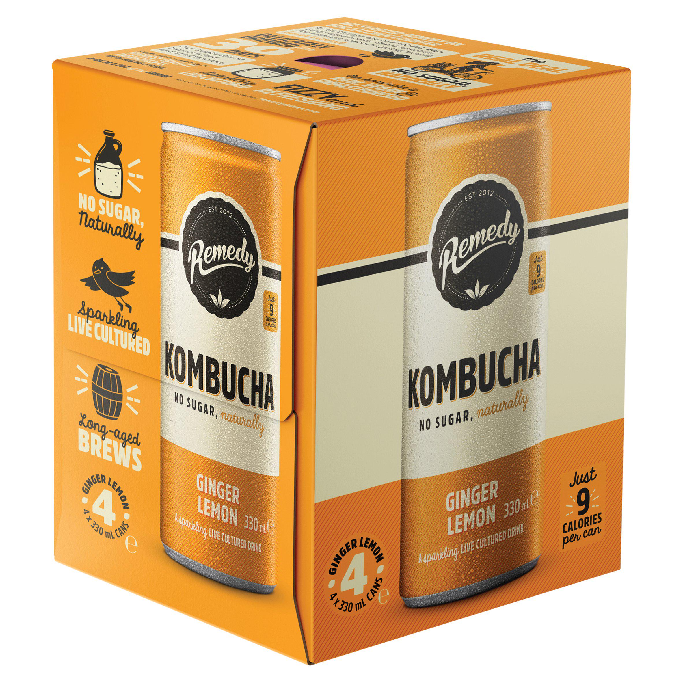 Remedy Kombucha Ginger Lemon 4 x 330ml, imported from the UK