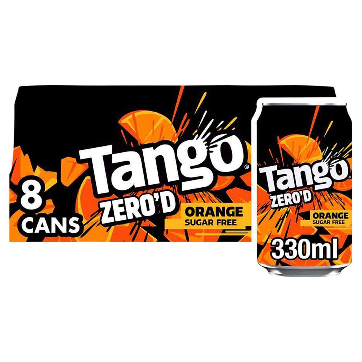 Tango Zero'd Orange sugar free soft drink cans 8 pack, UK version