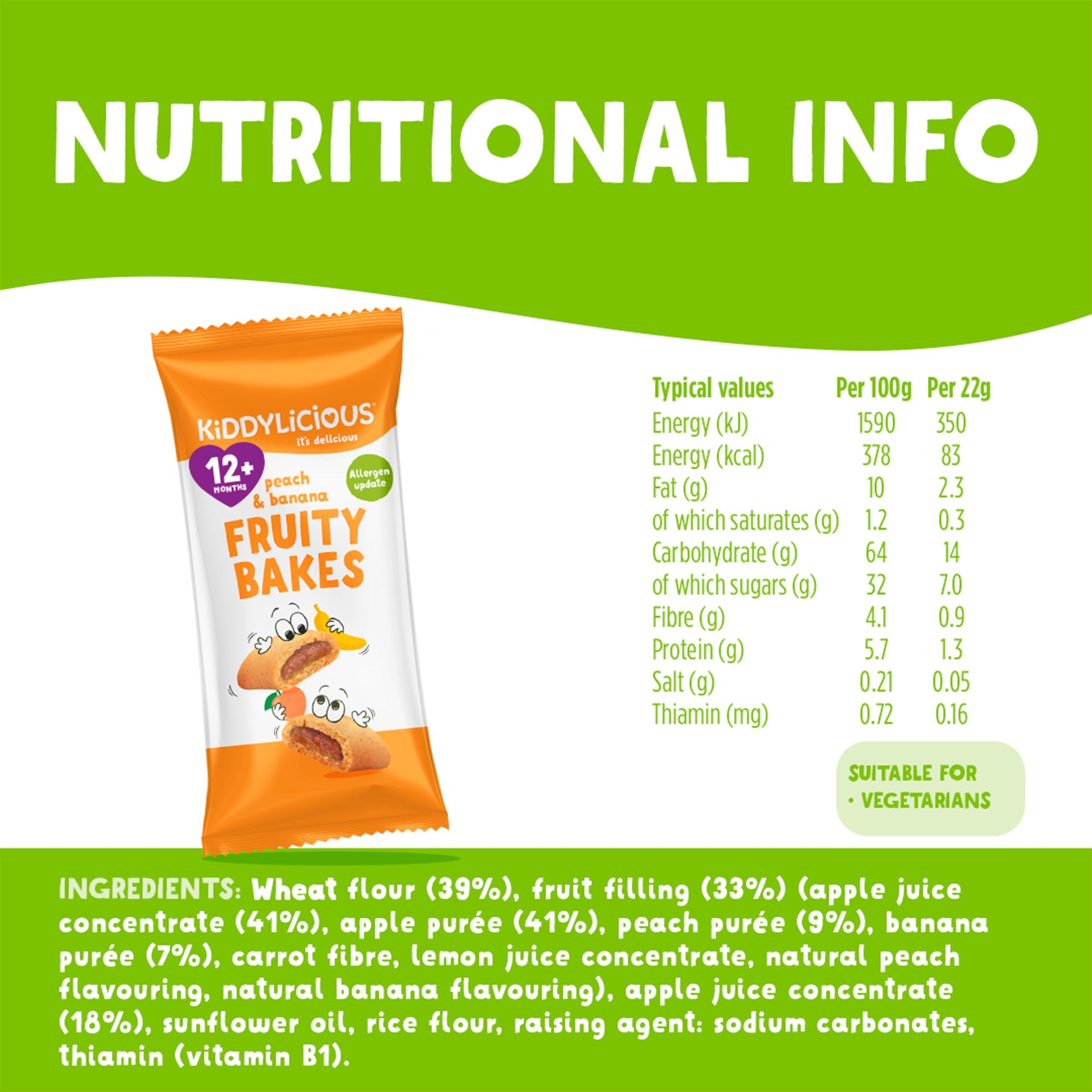 Kiddylicious peach and banana fruity bakes baby snack 6x22g, imported from the UK