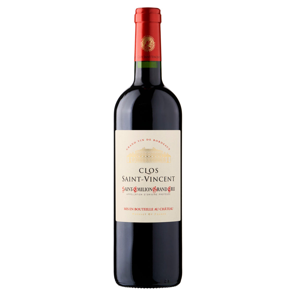 Clos Saint Vincent Saint Emilion Grand Cru red wine bottle, UK version