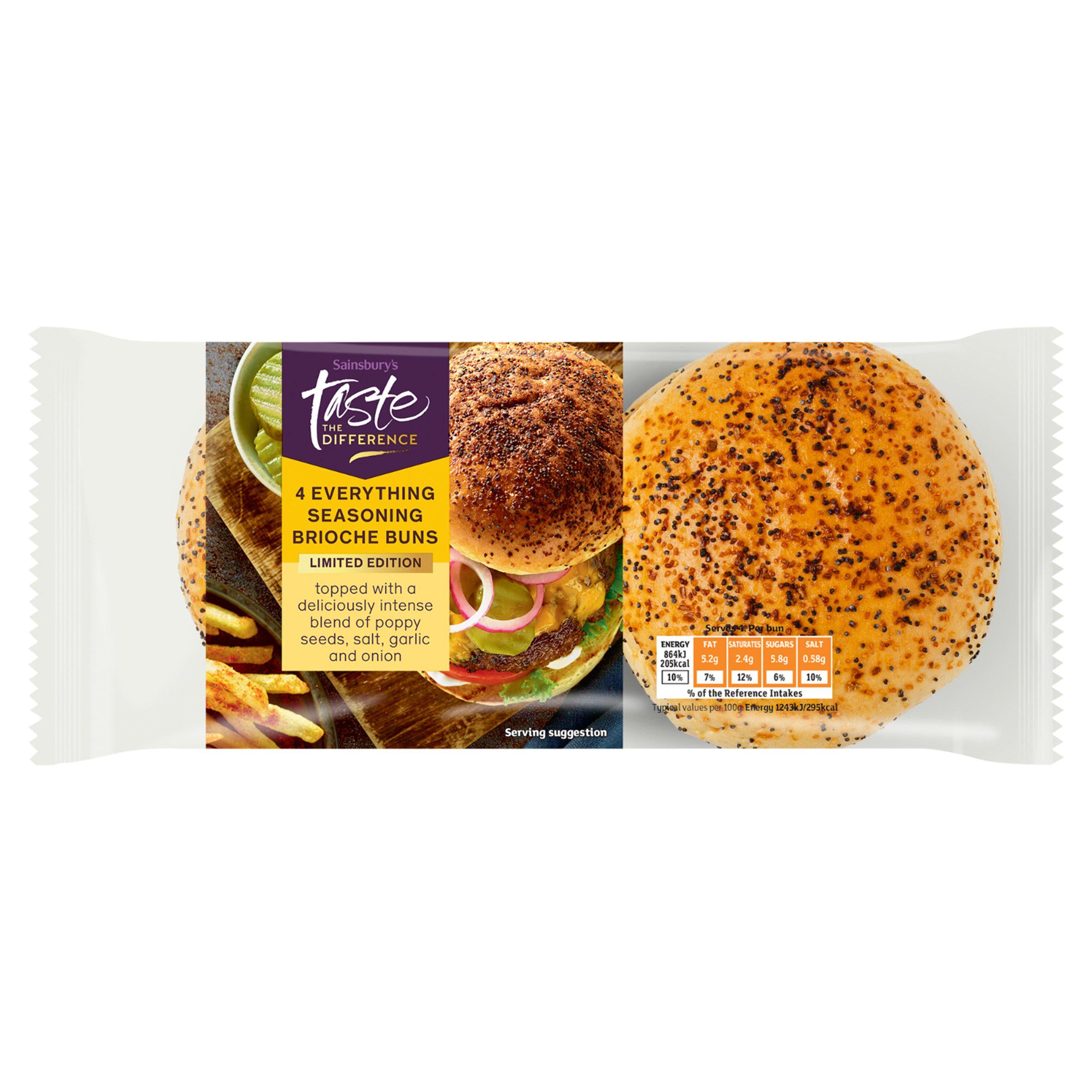 Sainsbury's everything seasoning brioche buns limited edition 4 pack, imported from the UK