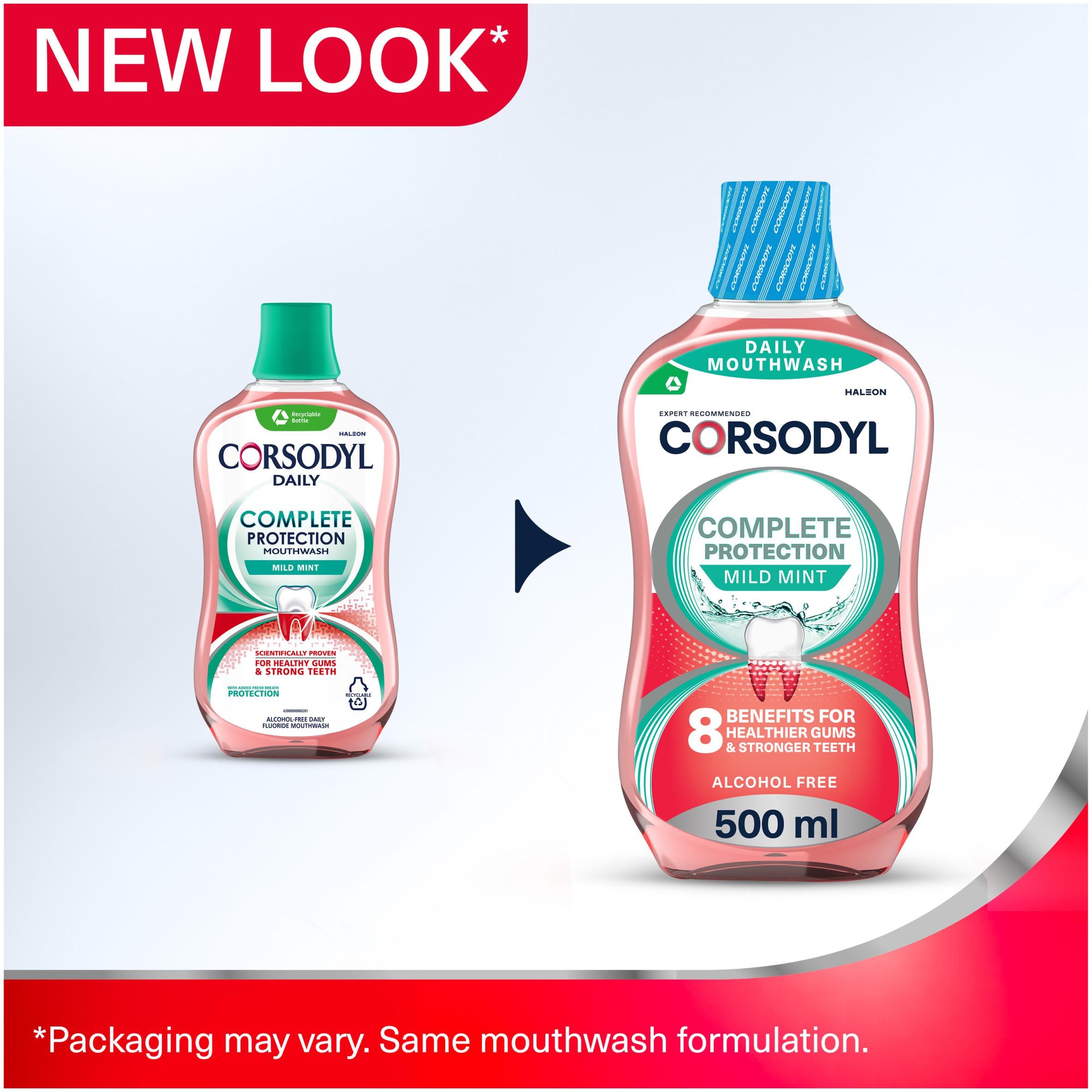 Corsodyl Complete Protection mouthwash mild mint 500ml, imported from the UK