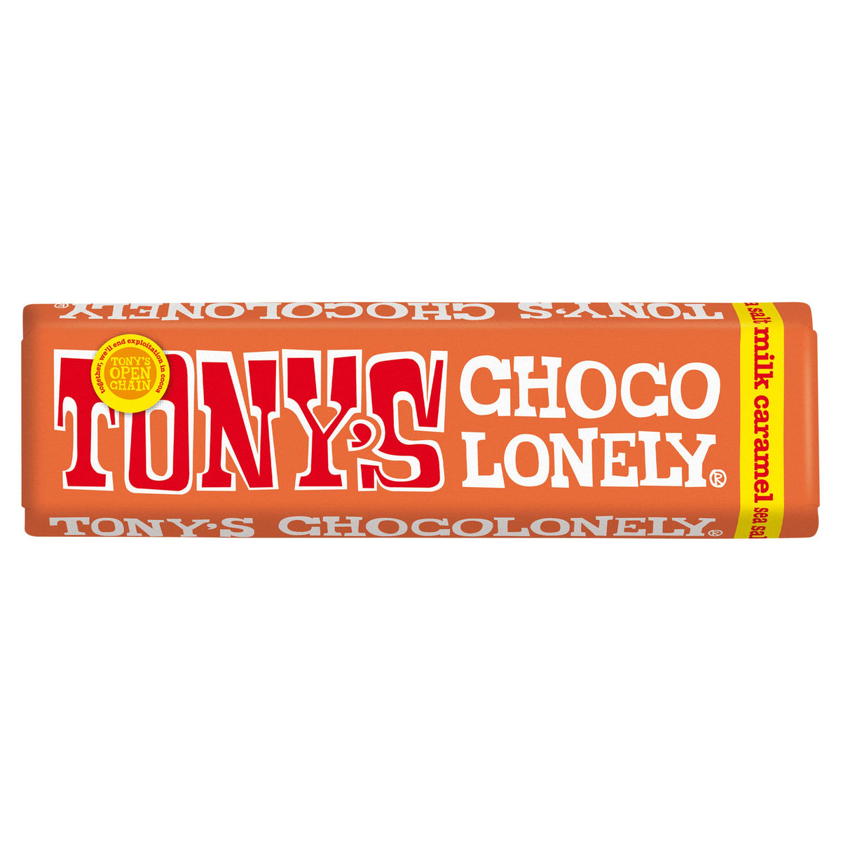 Tony's Chocolonely milk chocolate bar caramel sea salt 47g, imported from the UK