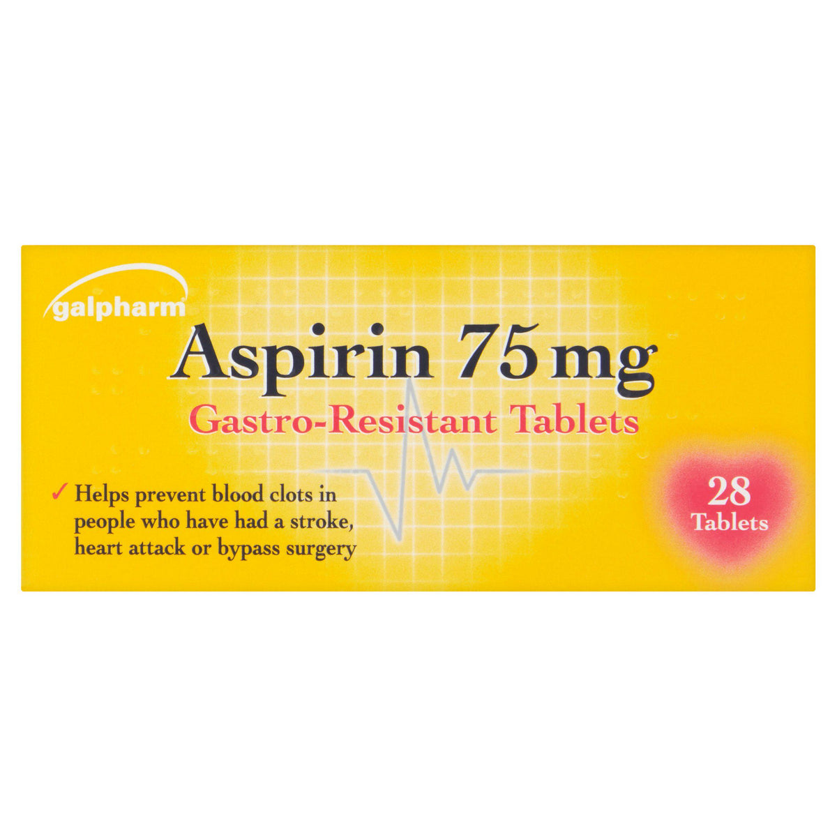 Galpharm Aspirin gastro resistant tablets 75mg 28 pack - British product