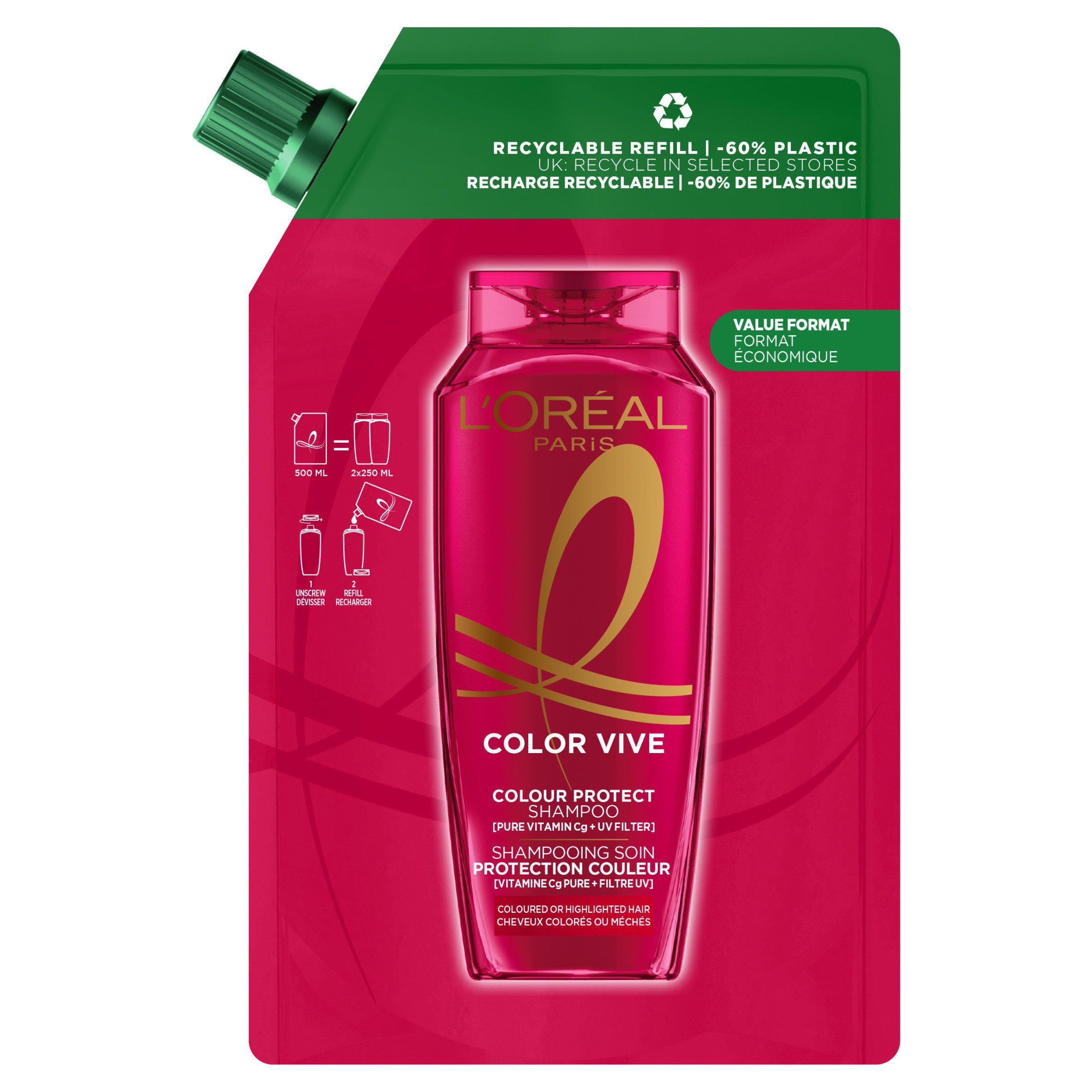 L'Oréal Paris colour protect shampoo refill pouch 500ml, imported from the UK