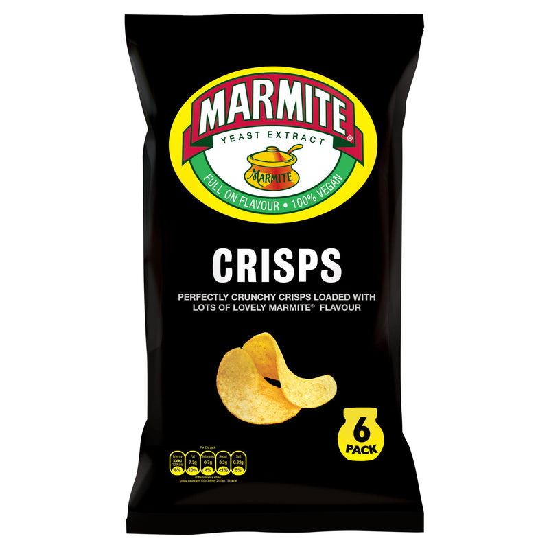 Marmite yeast extract potato crisps 6x25g pack, imported from the UK