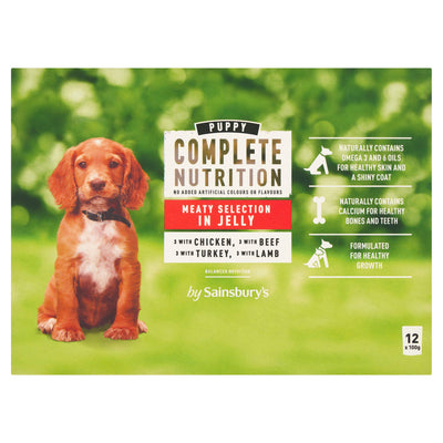 Sainsburys Sainsbury's Puppy Complete Nutrition Meaty Selection in Jelly Wet Dog Food 12 x 100g- Buy online at McGrocer