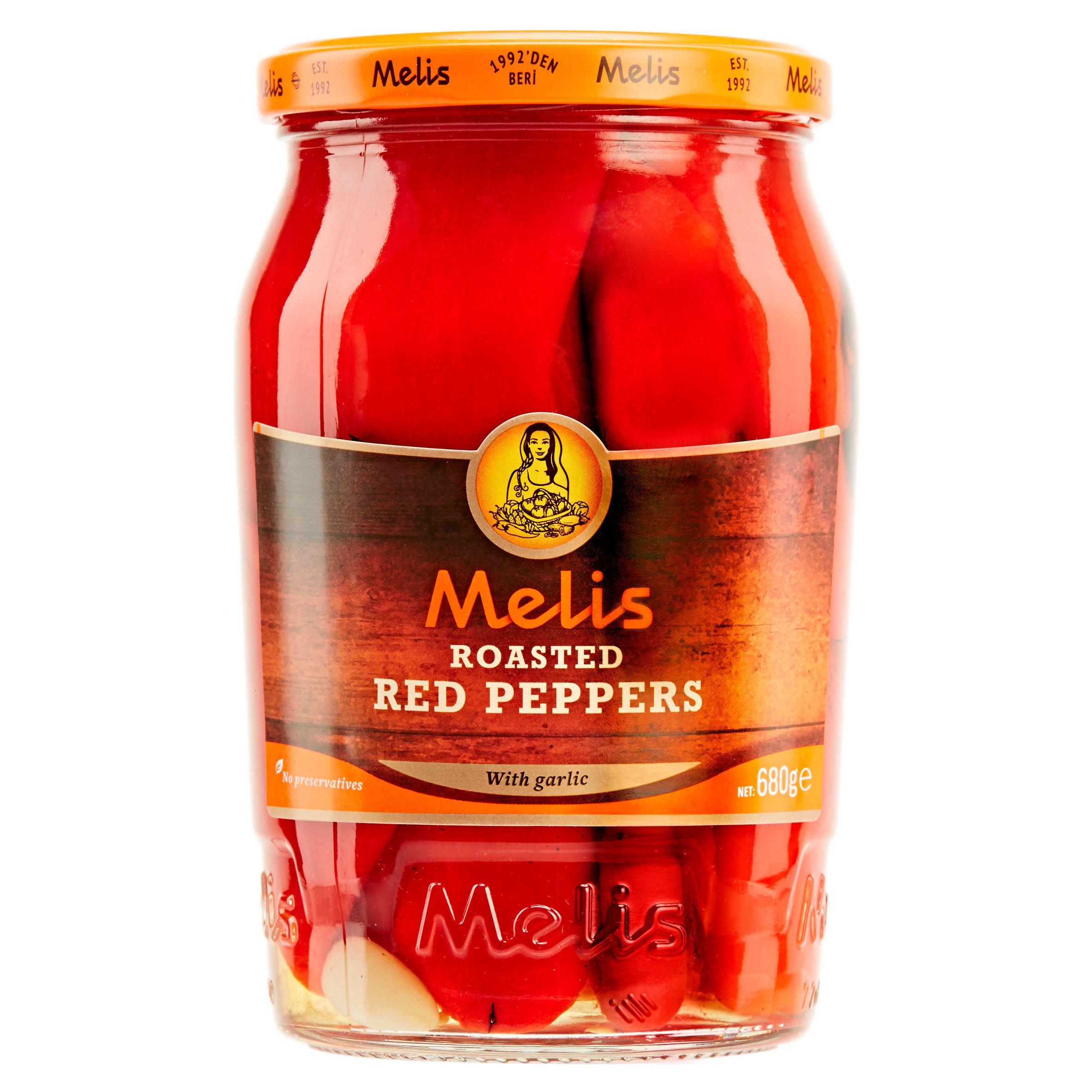 Melis roasted red peppers with garlic 680g, imported from the UK