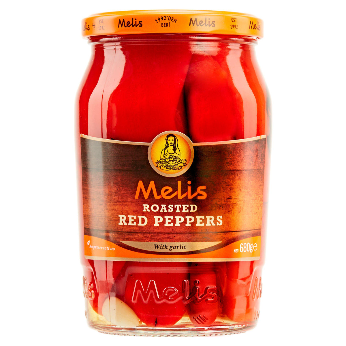 Melis roasted red peppers with garlic 680g, imported from the UK