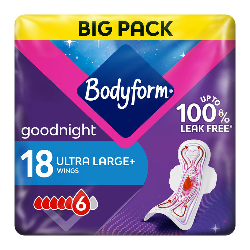 Bodyform Ultra Night sanitary towels with wings 18 count (British brand)