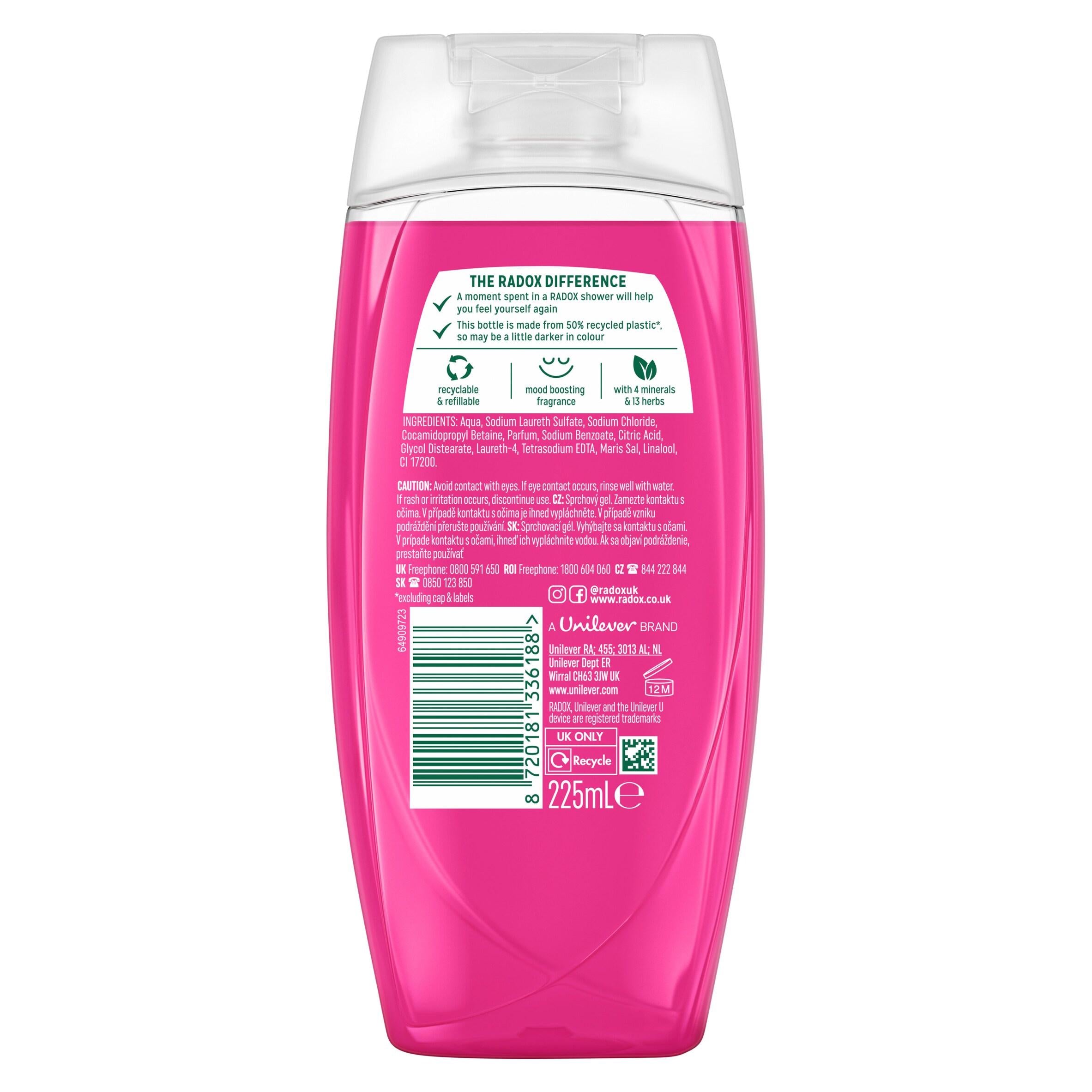 Radox Feel Radiant shower gel strawberry raspberry 225ml, imported from the UK
