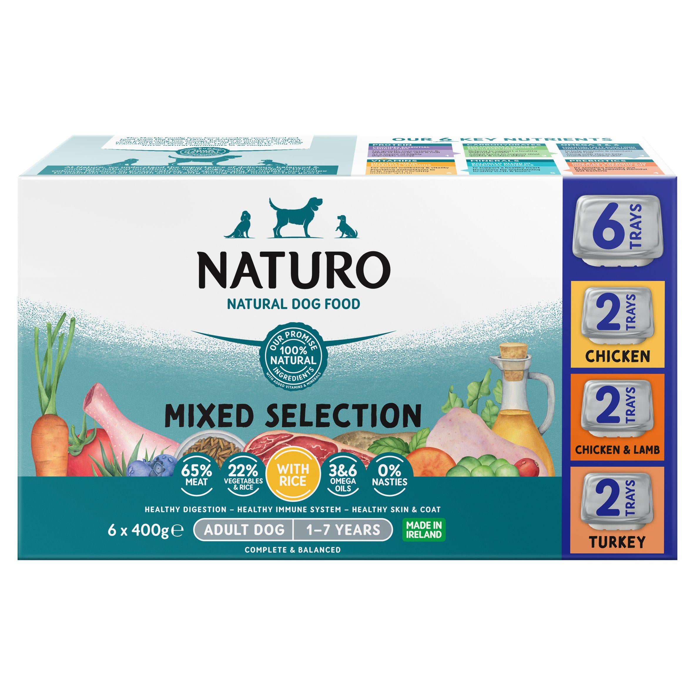 Naturo dog food variety pack with brown rice 6x400g, UK version