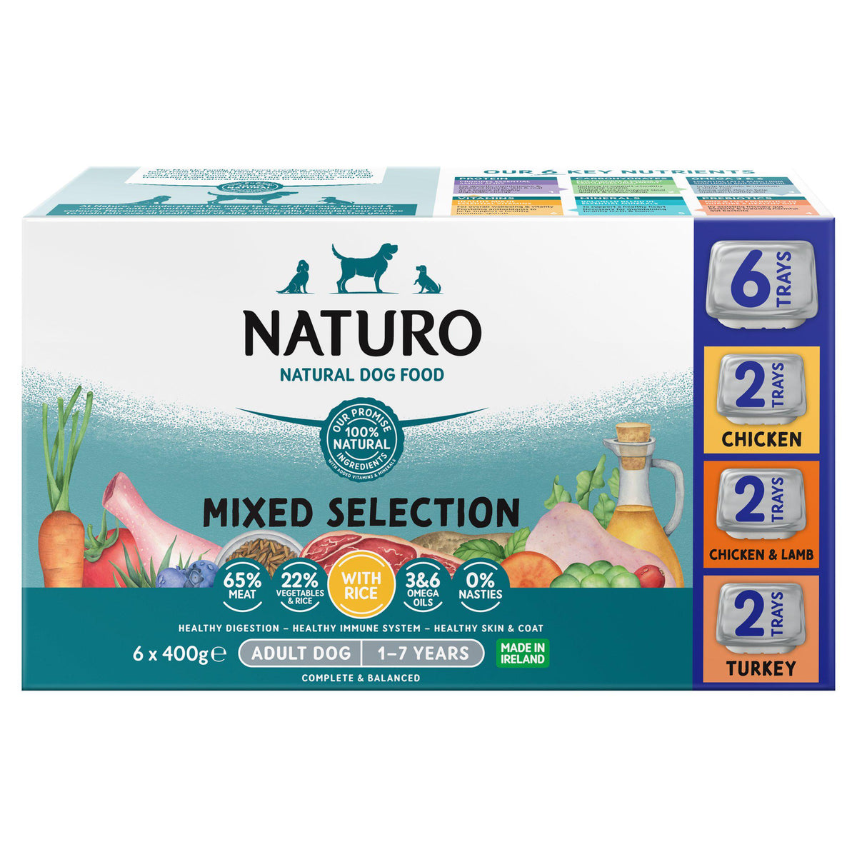 Naturo dog food variety pack with brown rice 6x400g, UK version