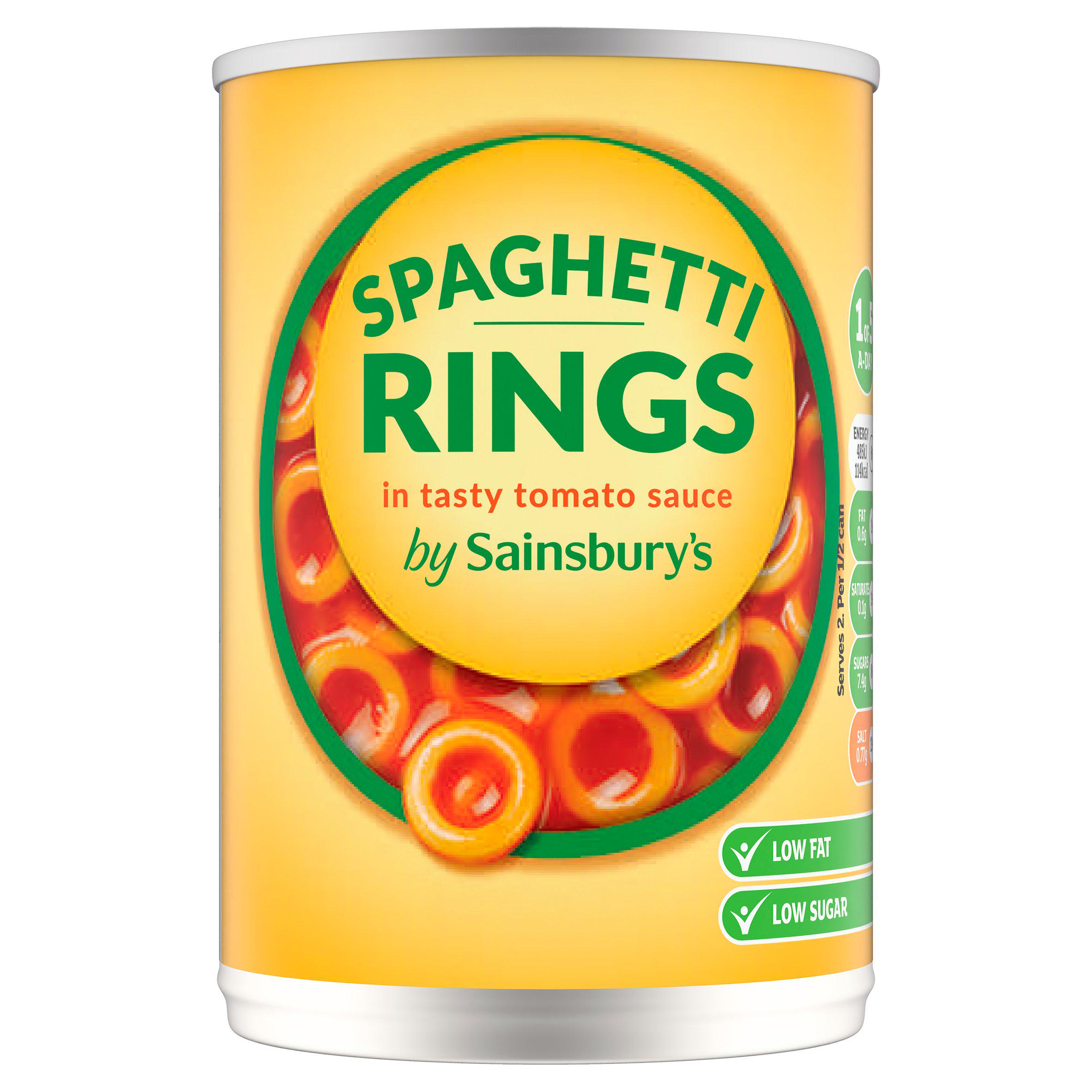 Sainsbury's spaghetti rings in tomato sauce 400g, imported from the UK