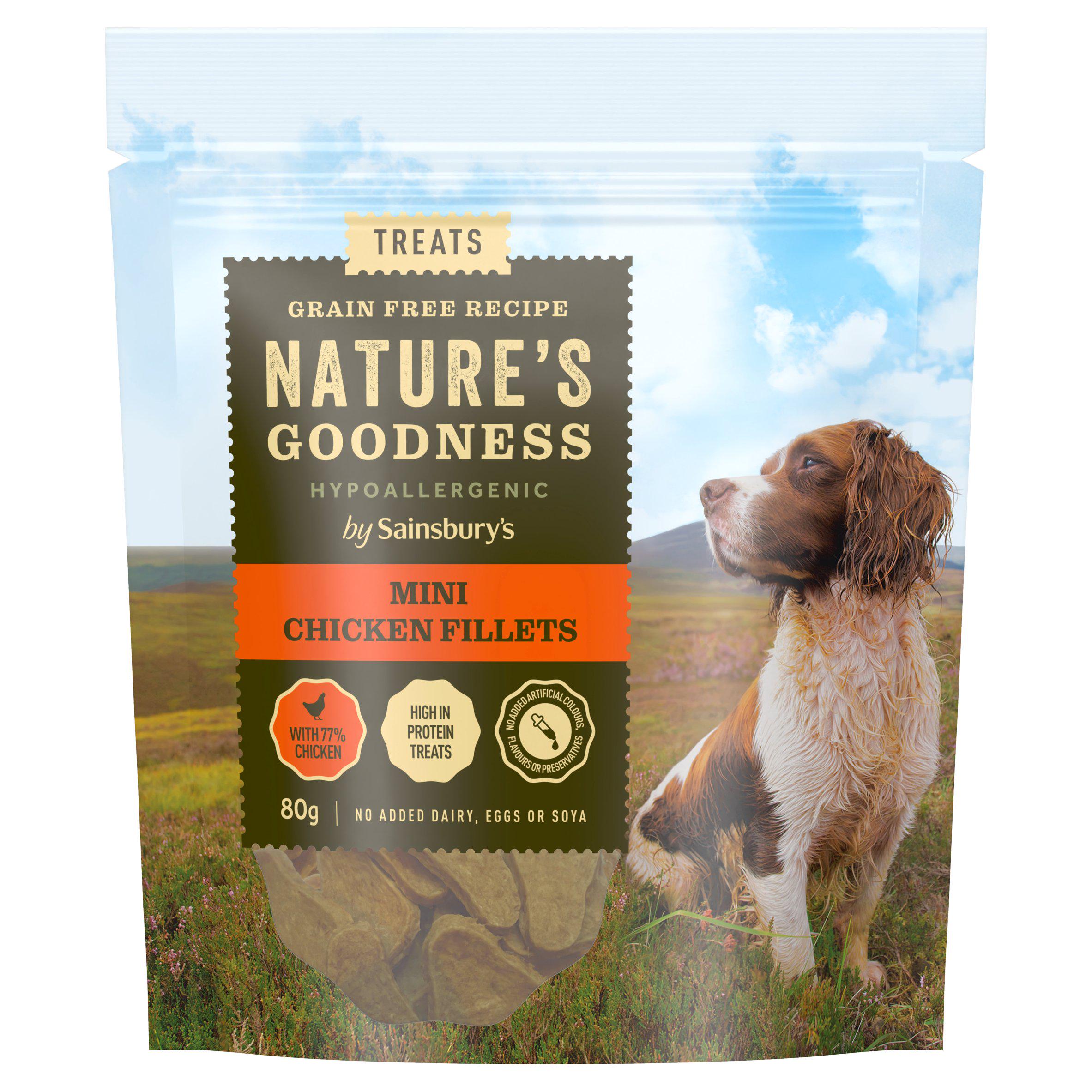 Sainsbury's Nature Goodness mini chicken fillets dog treats 80g, imported from the UK