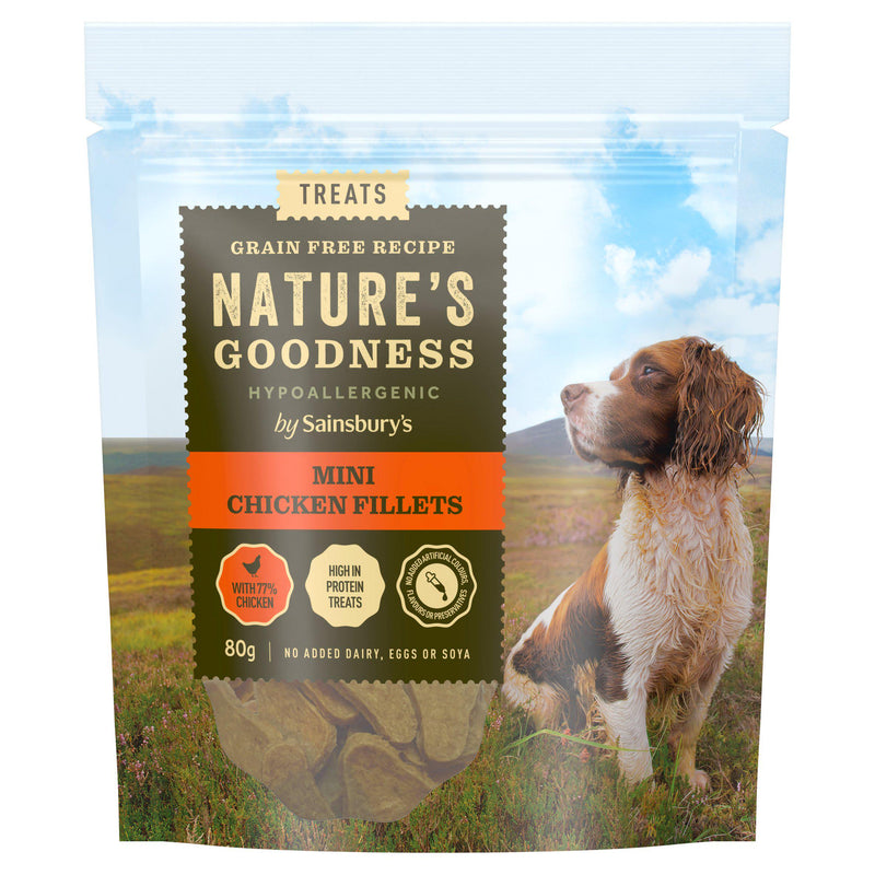 Sainsbury's Nature Goodness mini chicken fillets dog treats 80g, imported from the UK