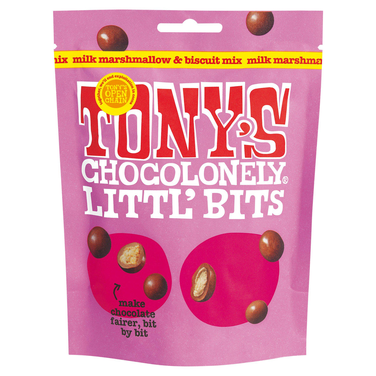 Tony's Chocolonely Littl' Bits milk marshmallow biscuit mix 100g, UK version