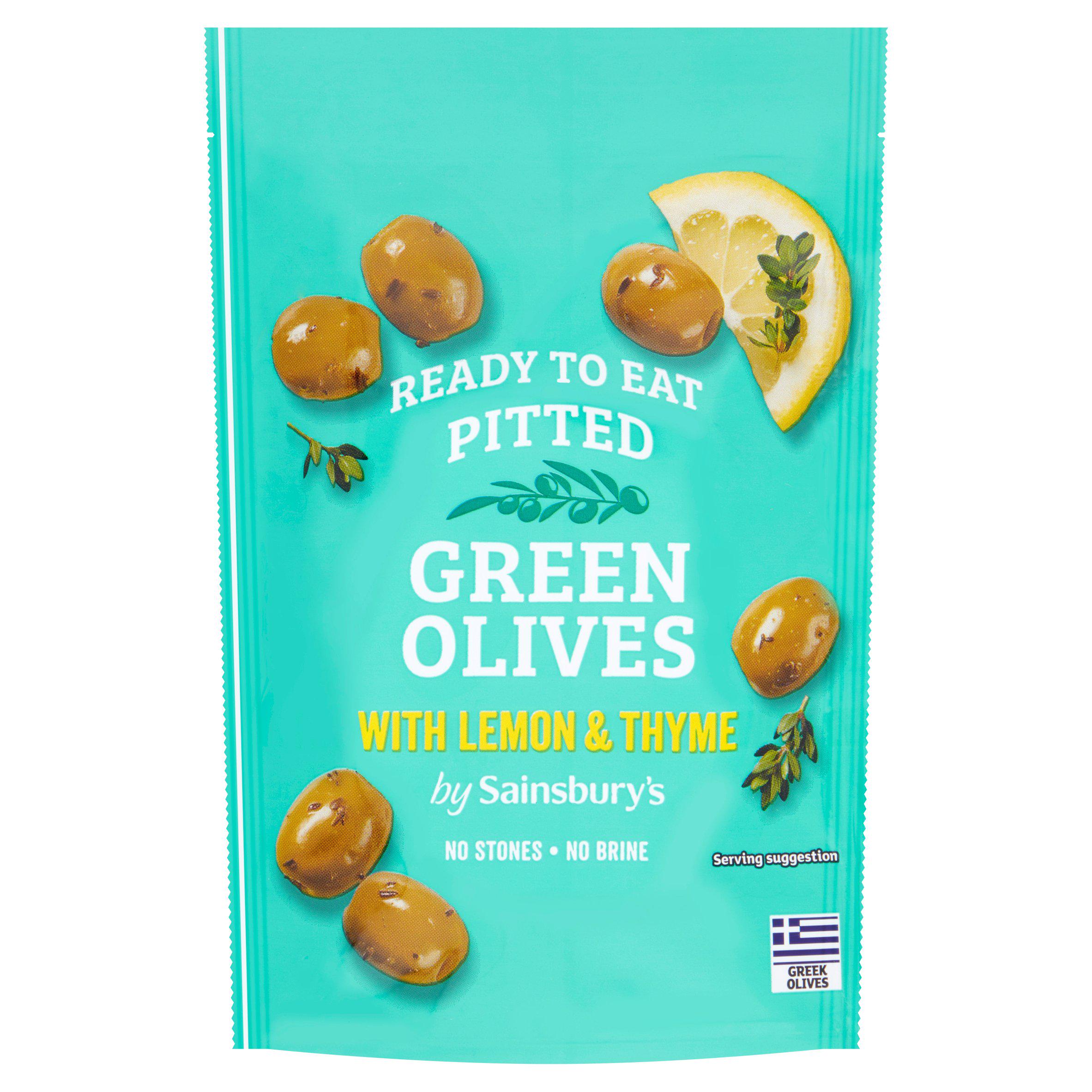Sainsbury's pitted green olives with lemon and thyme 70g, imported from the UK