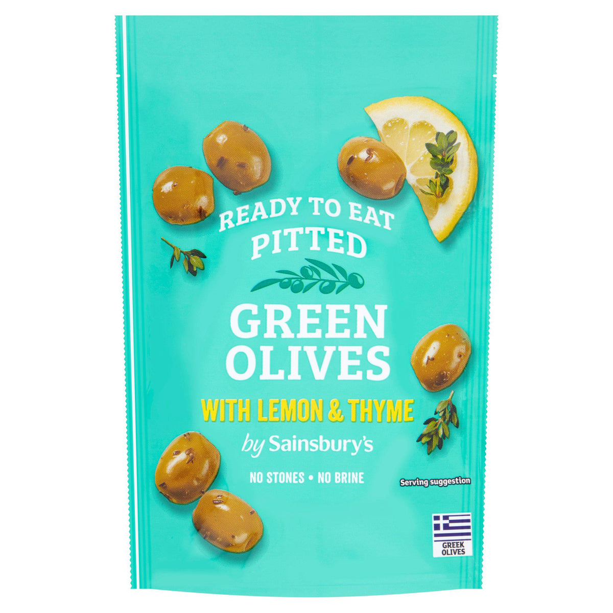 Sainsbury's pitted green olives with lemon and thyme 70g, imported from the UK