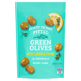 Sainsbury's pitted green olives with lemon and thyme 70g, imported from the UK