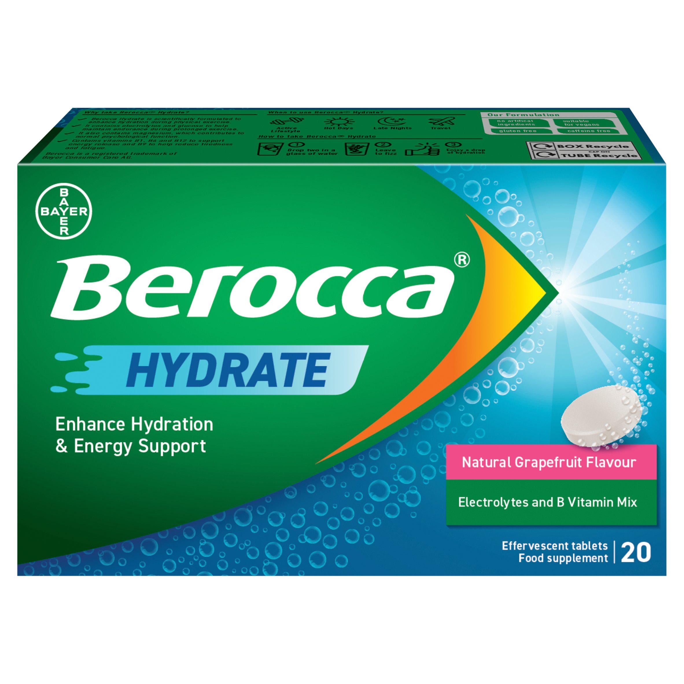 Berocca Hydrate grapefruit effervescent tablets 20 pack (British brand)