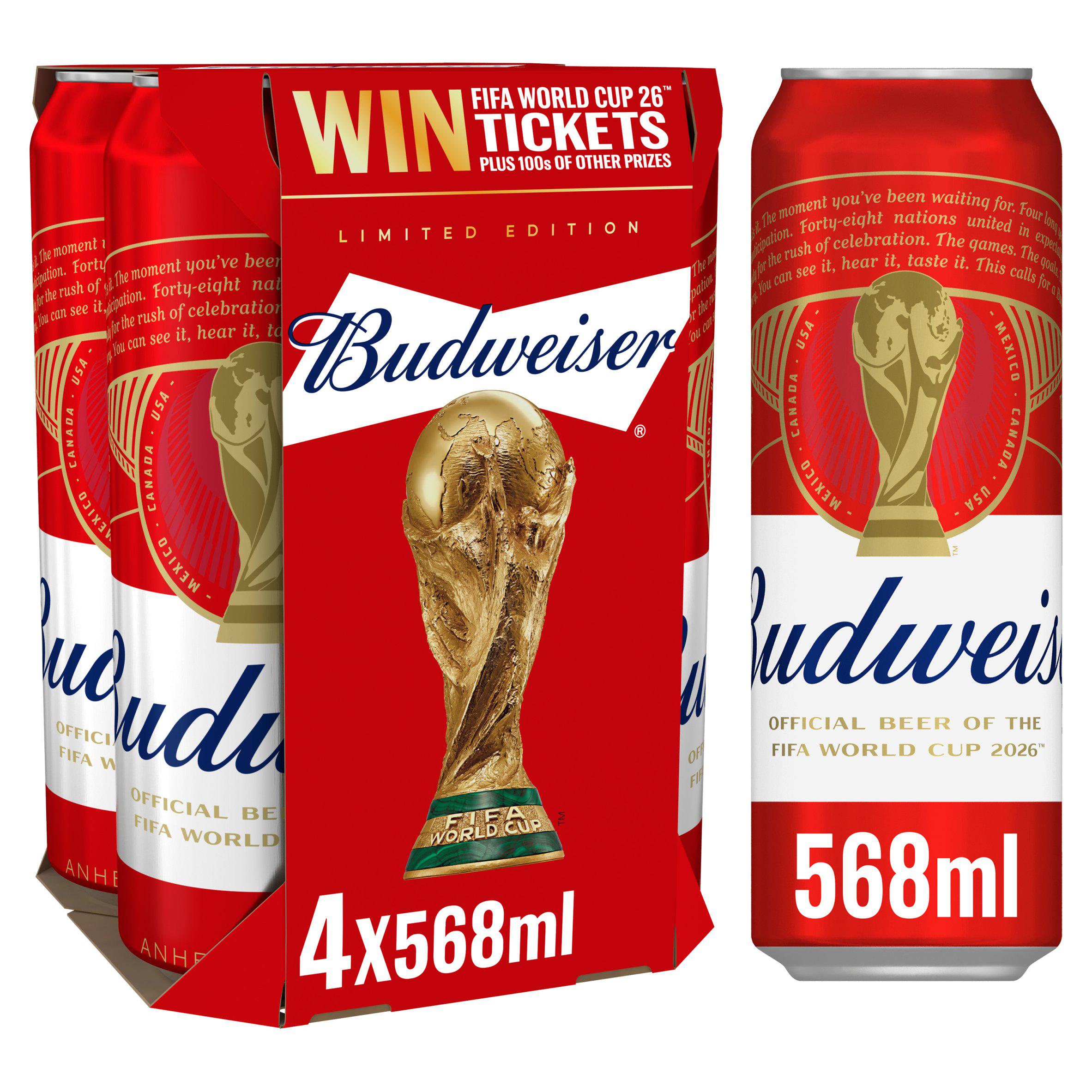 Budweiser lager beer cans 4x568ml, UK version