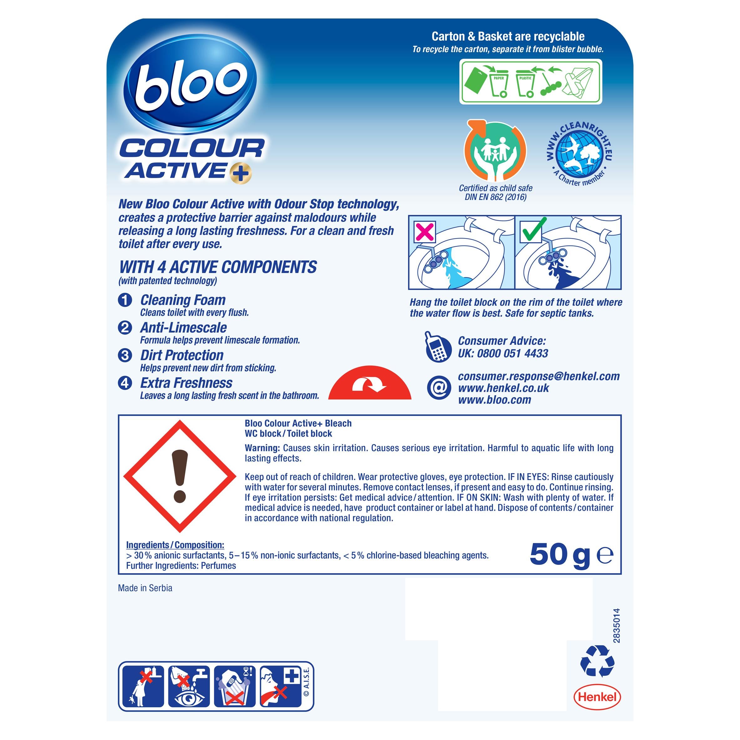 Bloo toilet rim block bleach 50g, UK version