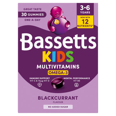 Sainsburys Bassetts Kids Multivitamin Gummies Omega 3 Blackcurrant Flavour for 3-6 Years 30 Gummies- Buy online at McGrocer