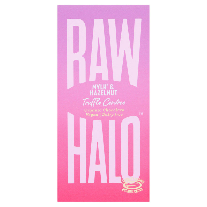 Raw Halo Mylk & Hazelnut Truffle Centre Organic Chocolate 90g, imported from the UK