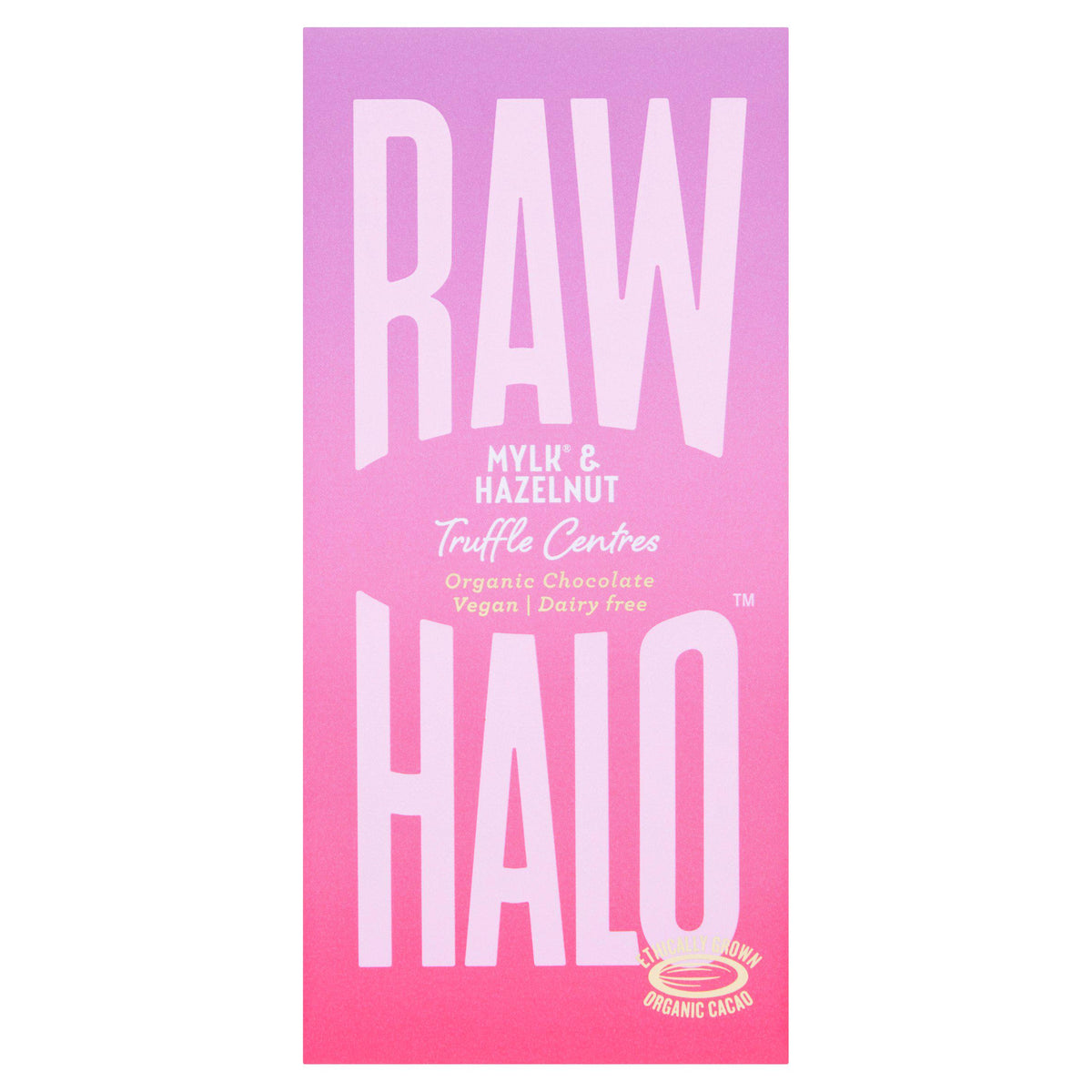Raw Halo Mylk & Hazelnut Truffle Centre Organic Chocolate 90g, imported from the UK