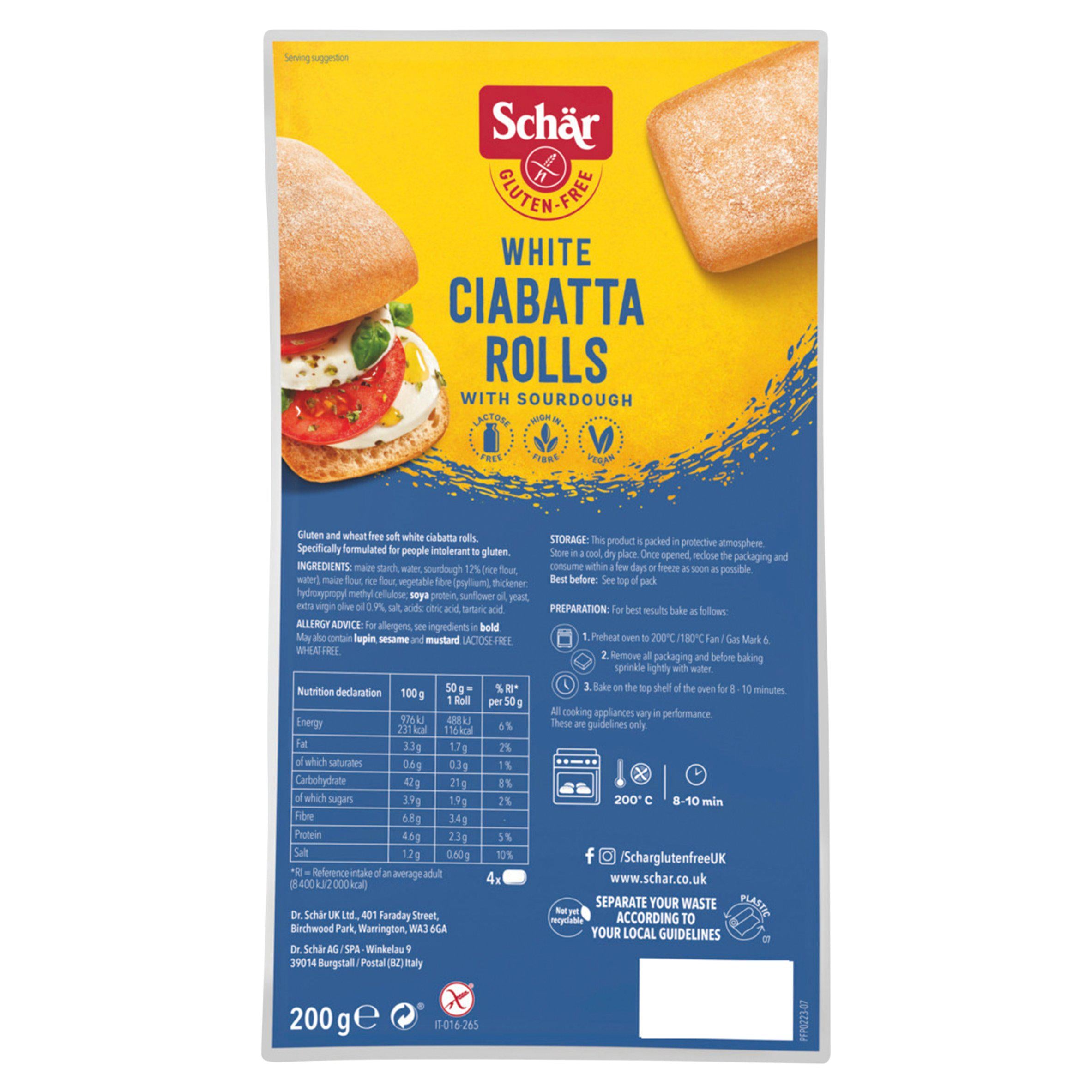Schar gluten free white ciabatta rolls x4 - British product